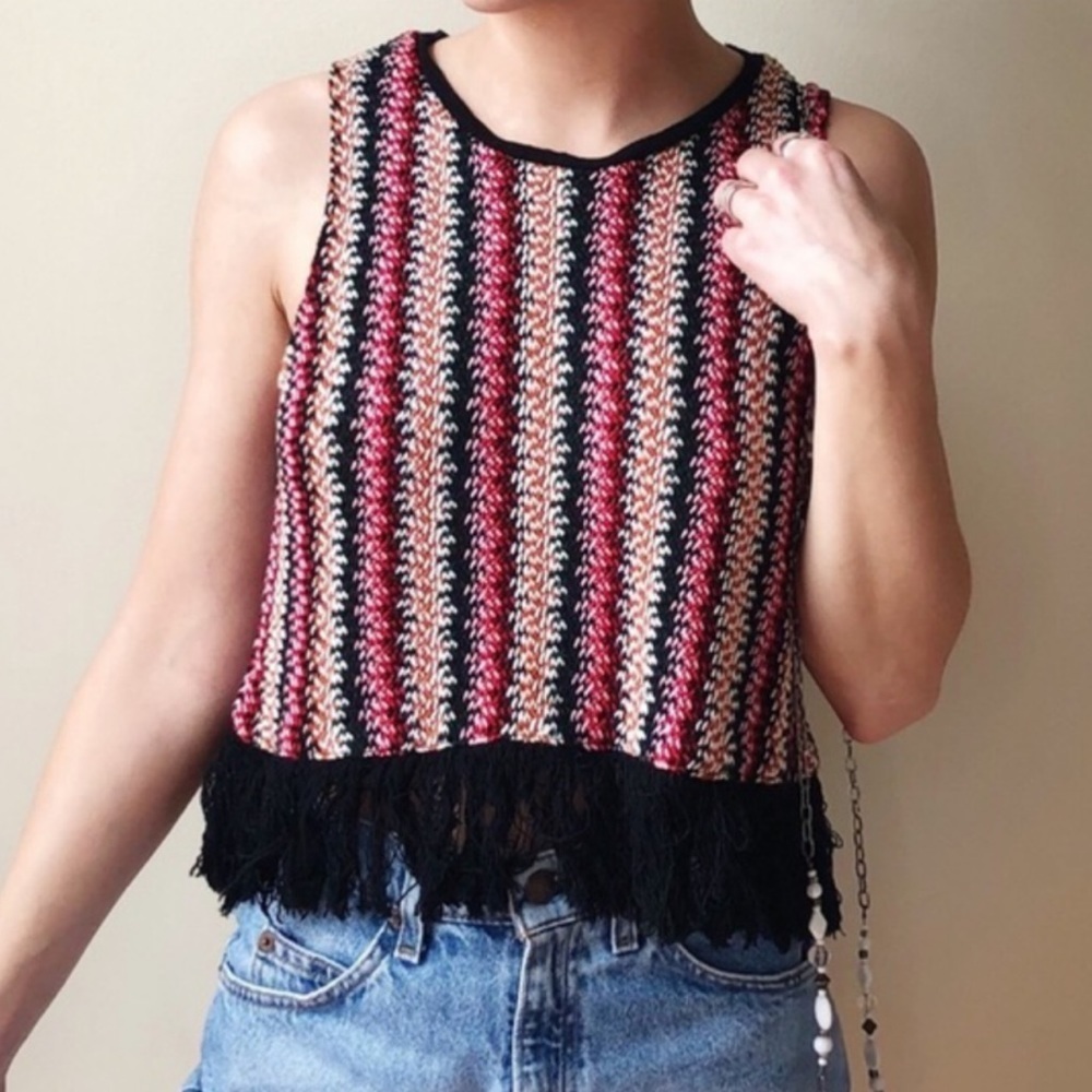 Zara Mixed Knit Crochet Stripe Fringe Tank Top